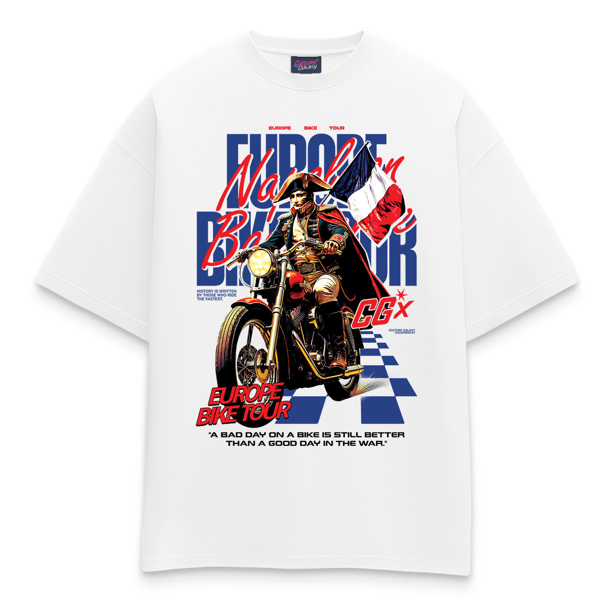 Oversized shirt - napoleon bike tour tee white front - culture galaxy - cgx - www.culture-galaxy.com